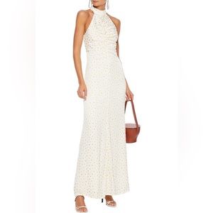 Coastal ruched floral-print burnout sateen maxi dres